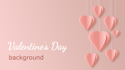 Wall Mural - Valentine's Day background. horizontal vector illustration with hanging paper cut layered hearts on a pink gradient backdrop. elegant composition for card, greeting, invitation, banner with copy space