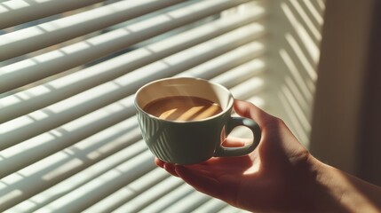 Sticker - Morning coffee in a yellow cup against sunlight reflections on a textured surface