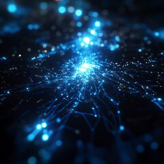 Poster - Exploration of Intricate Blue Light Patterns Resembling a Digital Landscape at Night With Vivid Glowing Connections Illuminating the Darkness