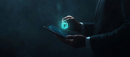 Aufkleber - Focus on Cybersecurity as a Man in a Suit Examines Data on a Tablet While Holding a Digital Lock Icon Representing Data Protection at Night