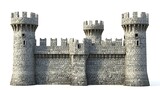 A stone castle with towers on white background.