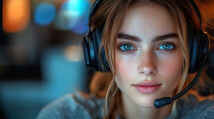 Wall Mural - Woman with a headset working in telemarketing at a call center. She provides customer service, consultation, and technical support on a hotline as a representative for a communication agency