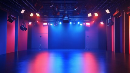 Poster - Modern Stage With Vibrant Lighting Effects Set for a Performance or Event in a Spacious Indoor Venue