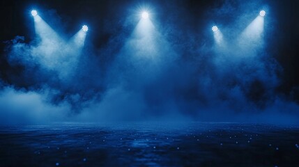Poster - Spotlights Illuminate a Foggy Stage During an Event, Creating an Atmospheric Ambiance for Performances and Presentations in a Darkened Setting
