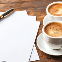 Wall Mural - Two cups of coffee on a table with pen and paper. 