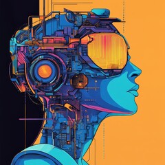 Poster - Futuristic Profile of a Humanoid Figure With Circuit Patterns and Glowing Elements on a Vibrant Orange and Blue Background