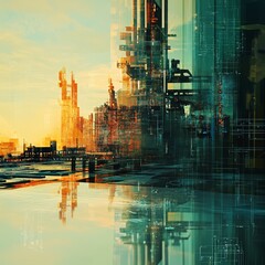 Poster - Abstract Futuristic Industrial Landscape With Complex Geometries and Vibrant Colors at Sunset