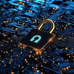Aufkleber - Digital Lock Symbolizing Cybersecurity on a Modern Circuit Board Glowing in Blue and Gold Tones Showcasing Technology and Safety Themes