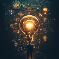Poster - Creative Individual Standing Before a Large Glowing Light Bulb Surrounded by Digital Technology Elements and Gears in a Dark Space