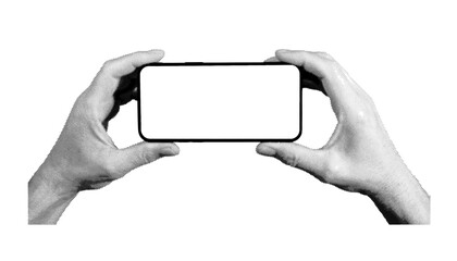 Poster - Hand holding a smartphone in a horizontal position with a blank screen. Retro, vintage design with dotted texture. Vector illustration isolated on white background.