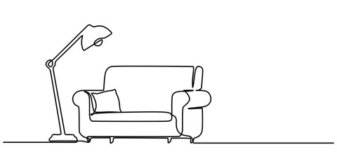 Continuous one line drawing armchair, nightstand and lamp. Living room interior in loft apartment. Modern furniture in simple Linear style. Doodle style, Continuous line drawing of sofa, lamp and plan