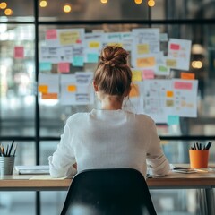 Poster - Creative Professional Brainstorming at a Desk in Front of a Wall Covered With Colorful Sticky Notes While Preparing for an Upcoming Project