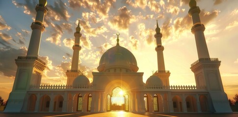 illustration of the beautiful shiny mosque and ramadan islamic culture icon and with beautiful sun light, The landmark