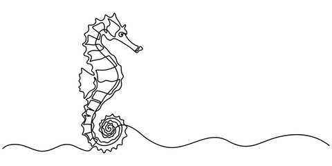 Poster - Seahorse swims underwater.Set of sea ocean elements.One continuous line .One continuous drawing line logo isolated minimal illustration, Continuous curve one line drawing of cute swimming seahorse. 