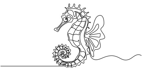 Poster - Seahorse swims underwater.Set of sea ocean elements.One continuous line .One continuous drawing line logo isolated minimal illustration, Continuous curve one line drawing of cute swimming seahorse. 