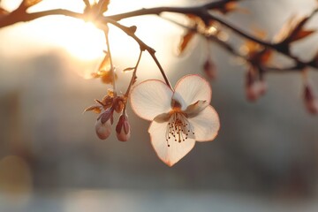 Wall Mural - Cherry blossom branch with delicate flowers glowing in sunlight during early spring at a tranquil park