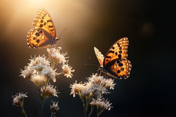 Wall Mural - Butterflies gracefully fluttering around flowers in soft sunlight during warm afternoon hours