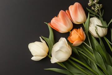 Wall Mural - Colorful tulips and greenery arranged gracefully on a dark surface in a lovely floral display for decoration