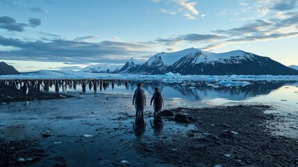 Wall Mural - two king penguins stand on a beach at sunrise, facing a colony and snowy mountains reflecting in cal