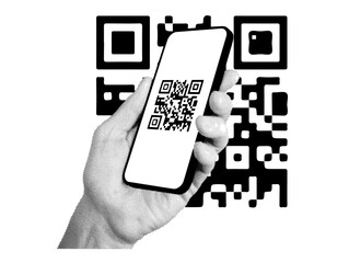 Poster - QR code scan. Abstract digital pattern displayed on a smartphone screen, held in hand for quick access, payment, or sharing. Vector illustration isolated on white background.