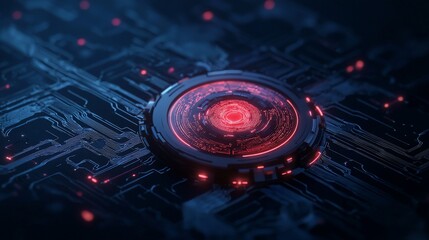 Wall Mural - Futuristic red glowing circular tech device on a circuit board.