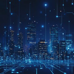 Poster - Stunning City Skyline Illuminated by Advanced Technology With Digital Connections and Data Points at Night