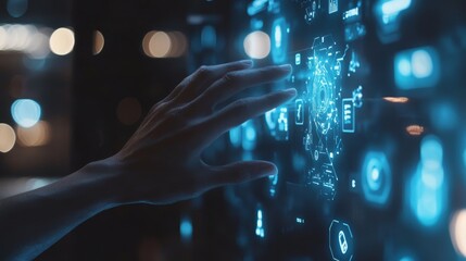 Fototapete - Interaction With Futuristic Technology at a Modern Interface in a Dimly Lit Environment Showcasing Advanced Digital Graphics