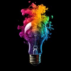 Poster - Vibrant Smoke Bursts From a Clear Light Bulb Creating a Colorful Display in a Dark Space