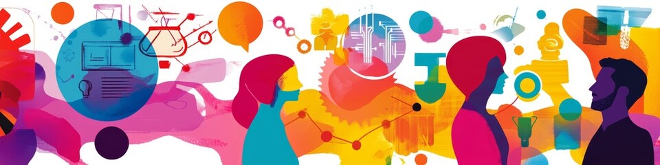 Poster - Creative Collaboration in a Vibrant Workspace Featuring Diverse Individuals Engaging in Discussion and Brainstorming Ideas for Innovation and Progress