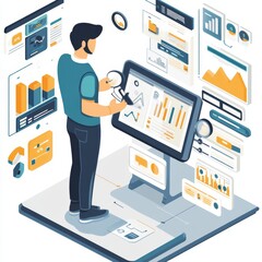 Aufkleber - Data Analyst Working With Digital Analytics Tools in a Modern Office Environment With Charts and Graphs Displayed on Multiple Screens