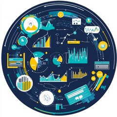 Aufkleber - Data Visualization Showcasing Various Graphs, Charts, and Metrics in a Circular Design to Represent Complex Information Clearly and Effectively