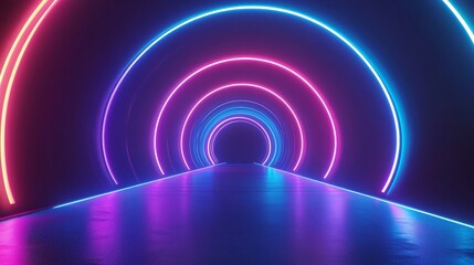 Poster - Vibrant Neon Tunnel Illuminated by Pink and Blue Lights Creates a Futuristic Atmosphere in an Artistic Space