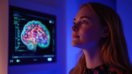 Wall Mural - Young woman looking thoughtfully at a brain scan displayed on a monitor in a futuristic setting.