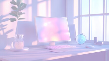 Wall Mural - Pastel workspace with computer, keyboard, mouse, plant, and window light.