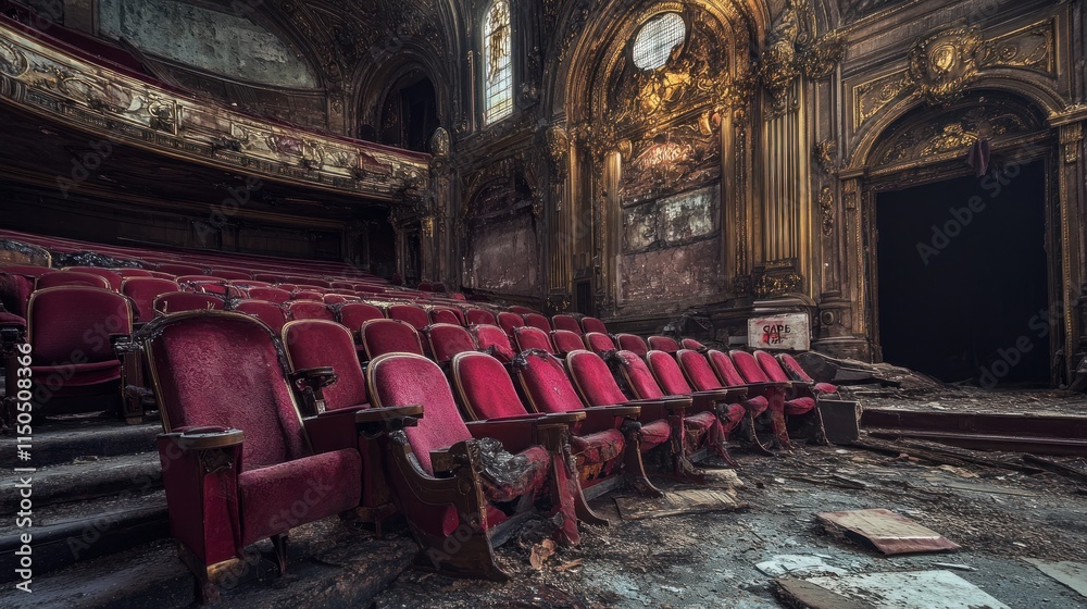 Abandoned theater interior with rows of red velvet seats, showing decay ...