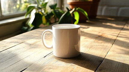 Wall Mural - White mug on rustic wooden table in sunlight.