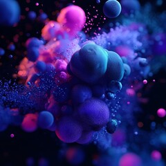 Poster - Vibrant Abstract Composition of Colorful Bubbles and Particles in a Cosmic Backdrop, Creating an Otherworldly Atmosphere of Swirling Colors and Textures