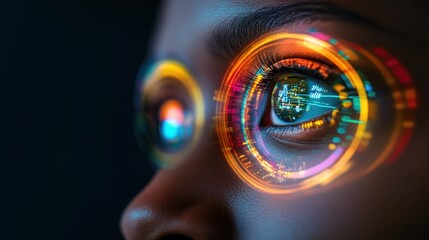 Wall Mural - Close-up of a woman's eye with futuristic HUD overlay.