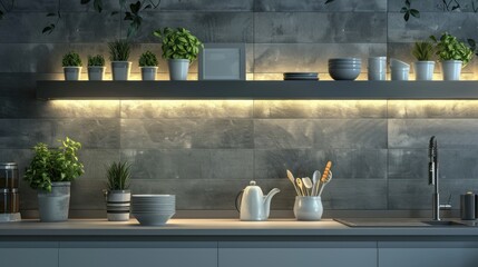 Modern Kitchen Design with Grey Tiles and LED Lighting