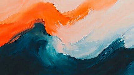 Wall Mural - Abstract color waves in shades of orange and salmon ripple across the canvas, accented by sharp splashes of sky blue and dark indigo