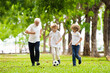 © famveldman - Grandfather and kids play football in summer park