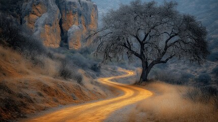 Wall Mural - Winding dirt road by a lone tree and rocky hills.