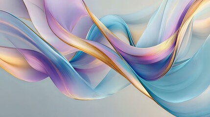 Wall Mural - Bold strokes of turquoise and gold intertwine with gentle pastel swirls of lilac and peach over a light gray canvas, creating an elegant abstract harmony