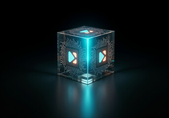 Poster - Glowing play symbols inside glass cube with futuristic circuitry represent digital processing and streaming technology