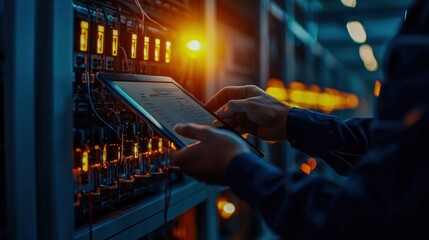 Poster - A technician manages server operations using a tablet in a modern data center environment with illuminated equipment.