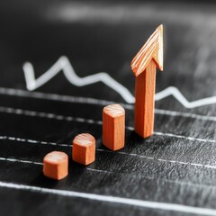Poster - Wooden Bars Representing Growth Trend on a Chalkboard With Upward Arrow Indicating Progress in Business or Financial Performance