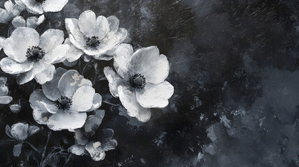 A textured monochrome abstract flower canvas where white blossoms emerge subtly from dark gray and black backgrounds.