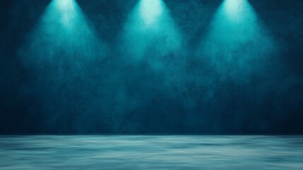 Poster - Stage With Teal Lights Illuminating an Empty Performance Space Ready for Events or Artistic Presentations in a Dimly Lit Room