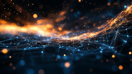 Fototapete - Digital Abstract Artwork Featuring Vibrant Lines, Glowing Particles, and Deep Colors Representing a Dynamic Network in a Futuristic Style at Night