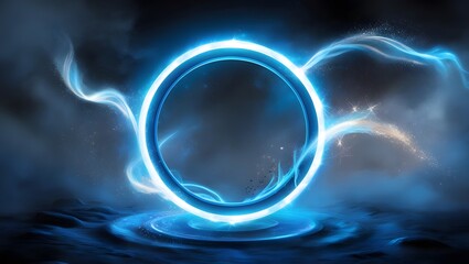 Poster - Blue magical fantasy portal. Round light frame, with fine dust particles, futuristic teleporter. Blue neon lights illuminate night scene with sparkles.